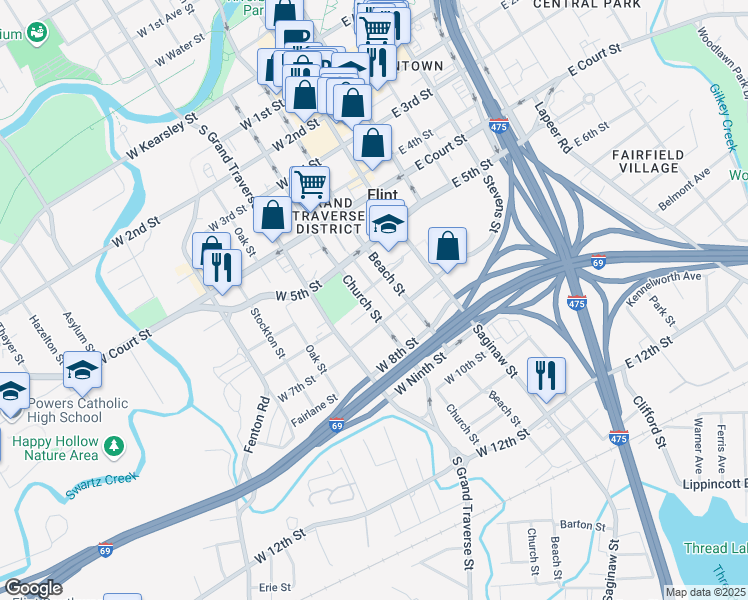 map of restaurants, bars, coffee shops, grocery stores, and more near 1111 Church Street in Flint
