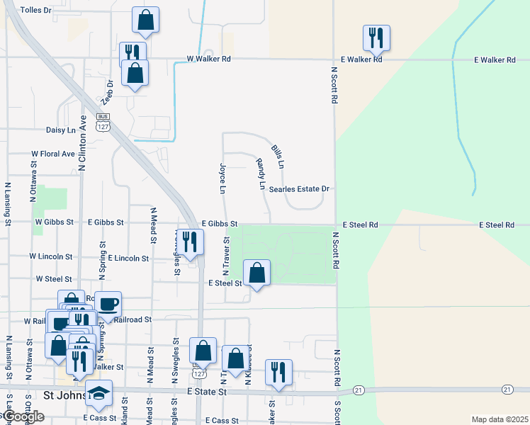 map of restaurants, bars, coffee shops, grocery stores, and more near 806 Randy Lane in Saint Johns