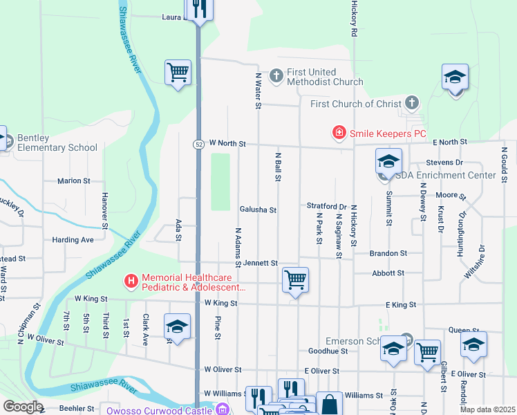 map of restaurants, bars, coffee shops, grocery stores, and more near 1206 North Water Street in Owosso