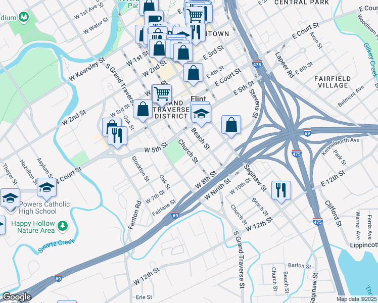 map of restaurants, bars, coffee shops, grocery stores, and more near 1105 Church Street in Flint