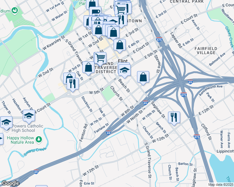 map of restaurants, bars, coffee shops, grocery stores, and more near 1105 Church Street in Flint