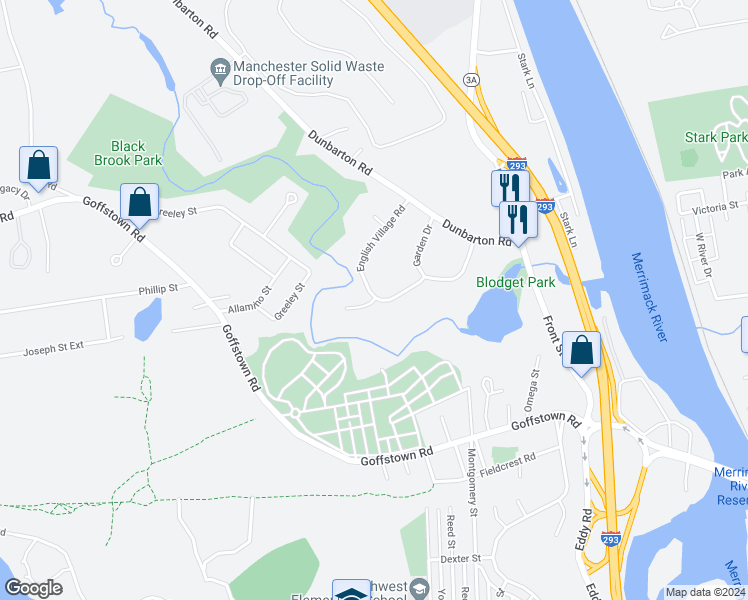 map of restaurants, bars, coffee shops, grocery stores, and more near 111 English Village Road in Manchester