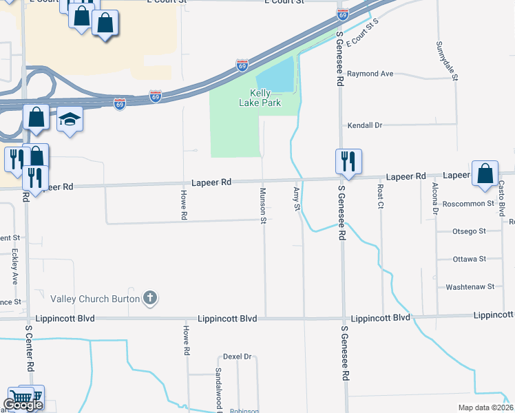 map of restaurants, bars, coffee shops, grocery stores, and more near 1350 Munson Street in Burton