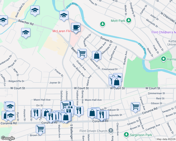 map of restaurants, bars, coffee shops, grocery stores, and more near 3406 Gratiot Avenue in Flint