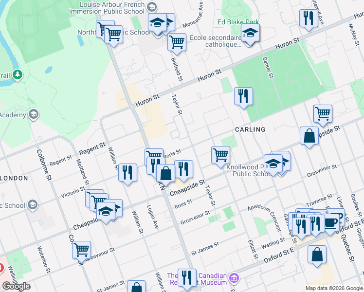 map of restaurants, bars, coffee shops, grocery stores, and more near 670 Victoria Street in London