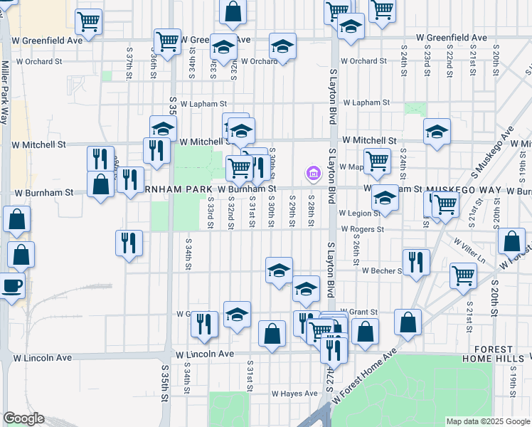 map of restaurants, bars, coffee shops, grocery stores, and more near 1934 South 31st Street in Milwaukee