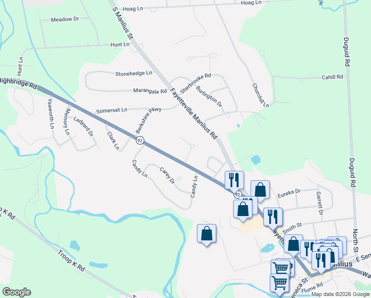 map of restaurants, bars, coffee shops, grocery stores, and more near 105 Left Field Course in Manlius