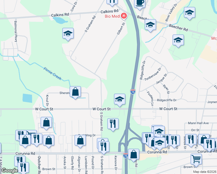 map of restaurants, bars, coffee shops, grocery stores, and more near 1373 South Graham Road in Flint