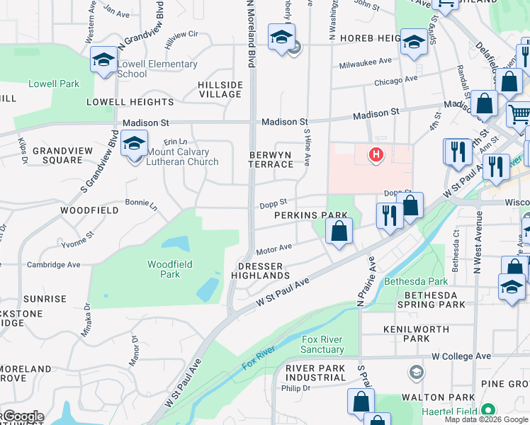 map of restaurants, bars, coffee shops, grocery stores, and more near 1139 Dopp Street in Waukesha