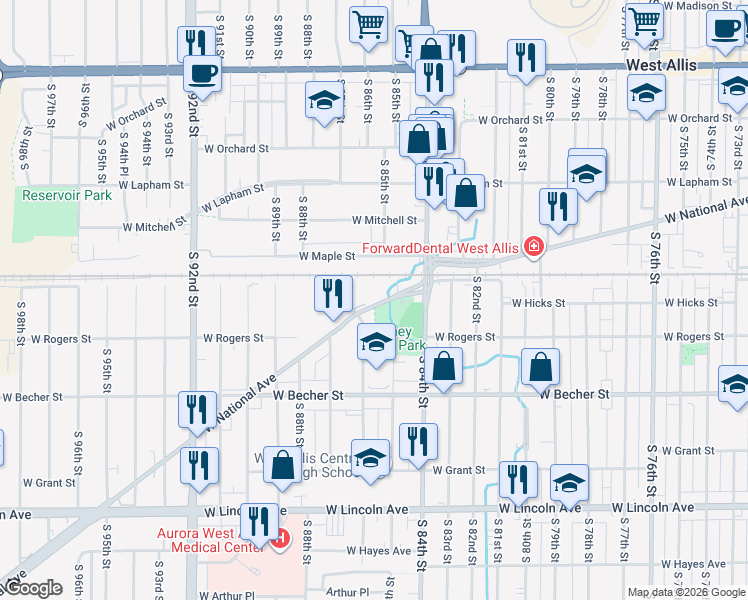 map of restaurants, bars, coffee shops, grocery stores, and more near 8530 West National Avenue in West Allis