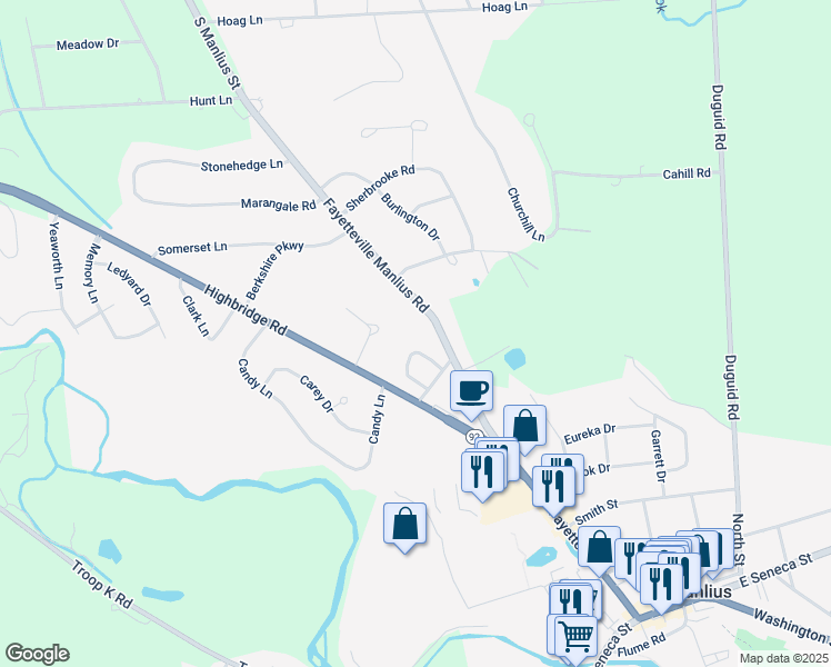 map of restaurants, bars, coffee shops, grocery stores, and more near 4921 Fayetteville Manlius Road in Manlius