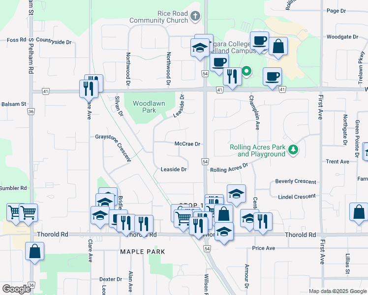 map of restaurants, bars, coffee shops, grocery stores, and more near 29 McCrae Drive in Welland