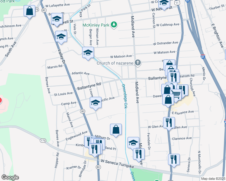 map of restaurants, bars, coffee shops, grocery stores, and more near 126 Coral Avenue in Syracuse