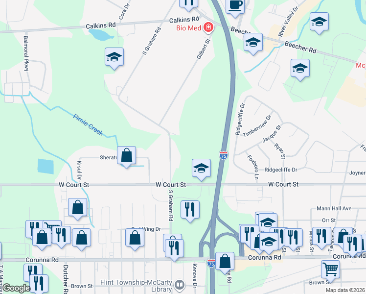 map of restaurants, bars, coffee shops, grocery stores, and more near 1373 South Graham Road in Flint