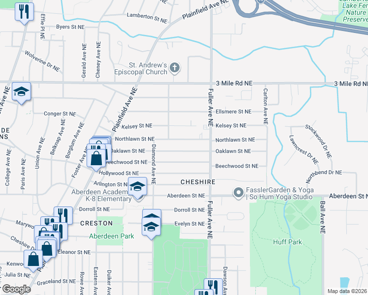 map of restaurants, bars, coffee shops, grocery stores, and more near 1100 Northlawn Street Northeast in Grand Rapids