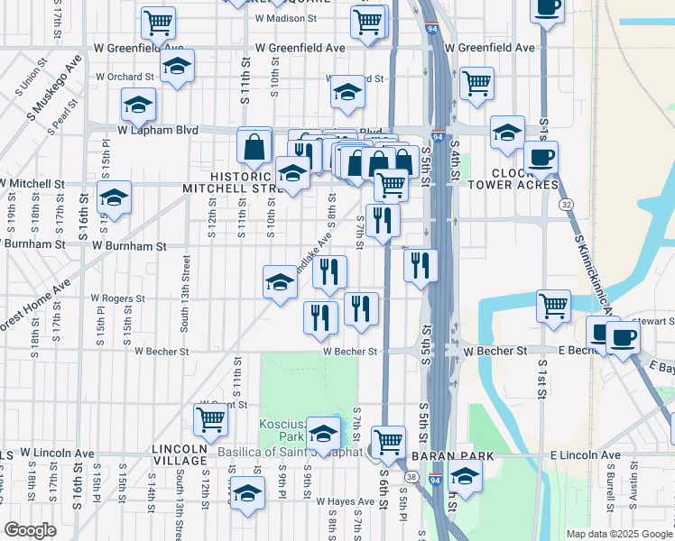 map of restaurants, bars, coffee shops, grocery stores, and more near 1924-1926 South 8th Street in Milwaukee