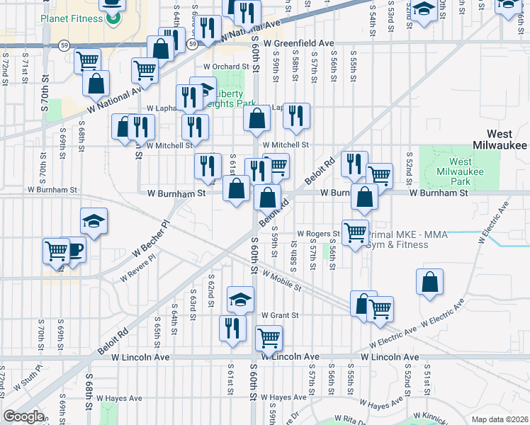 map of restaurants, bars, coffee shops, grocery stores, and more near in West Allis