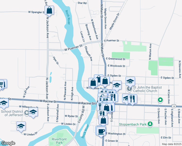 map of restaurants, bars, coffee shops, grocery stores, and more near 416 North Elizabeth Avenue in Jefferson