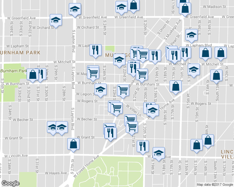map of restaurants, bars, coffee shops, grocery stores, and more near 1944 South 23rd Street in Milwaukee