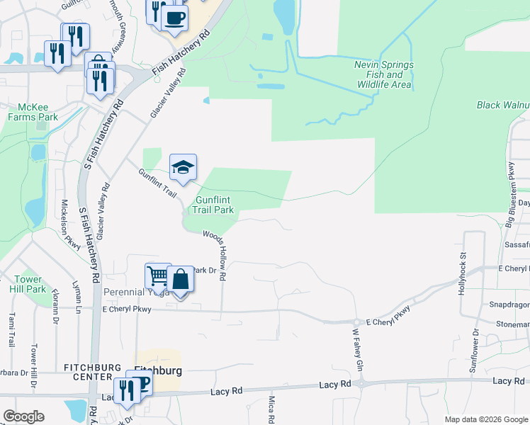 map of restaurants, bars, coffee shops, grocery stores, and more near 30 Fontana Way in Fitchburg
