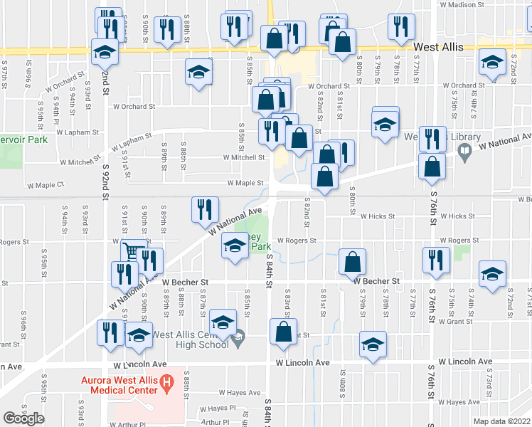 map of restaurants, bars, coffee shops, grocery stores, and more near 8405 West National Avenue in Milwaukee