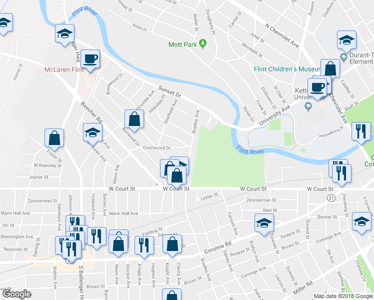map of restaurants, bars, coffee shops, grocery stores, and more near 2701 Crestwood Drive in Flint