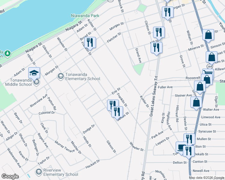 map of restaurants, bars, coffee shops, grocery stores, and more near 248 Franklin Street in Tonawanda