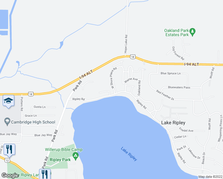 map of restaurants, bars, coffee shops, grocery stores, and more near N4517 West Shore Place Road in Cambridge