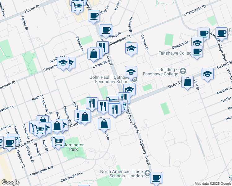 map of restaurants, bars, coffee shops, grocery stores, and more near Paardeberg Crescent in London
