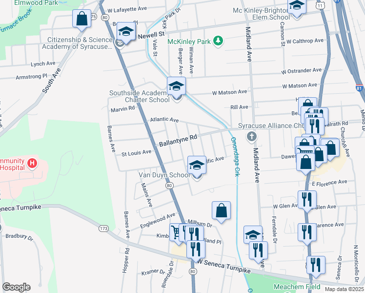 map of restaurants, bars, coffee shops, grocery stores, and more near 217 Loomis Avenue in Syracuse