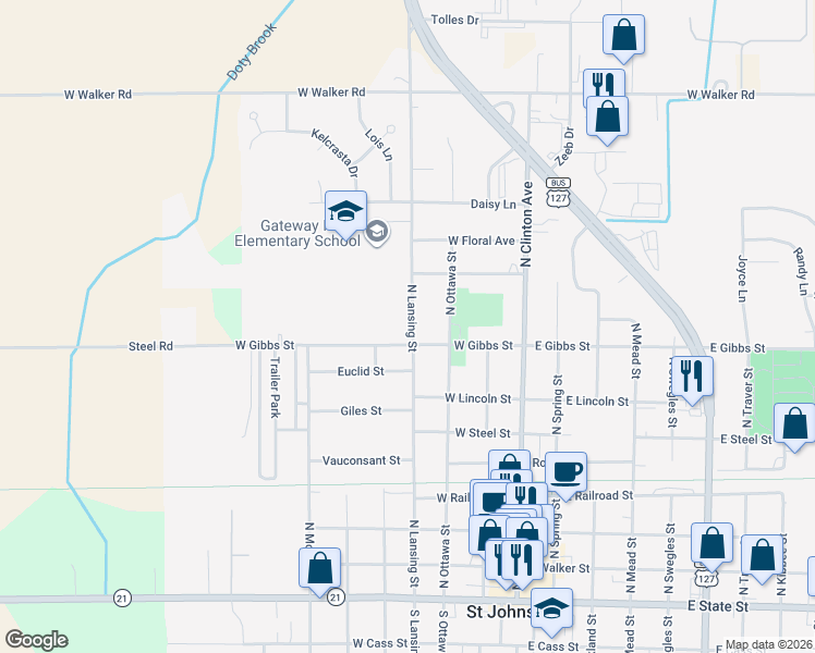 map of restaurants, bars, coffee shops, grocery stores, and more near 803 North Lansing Street in Saint Johns