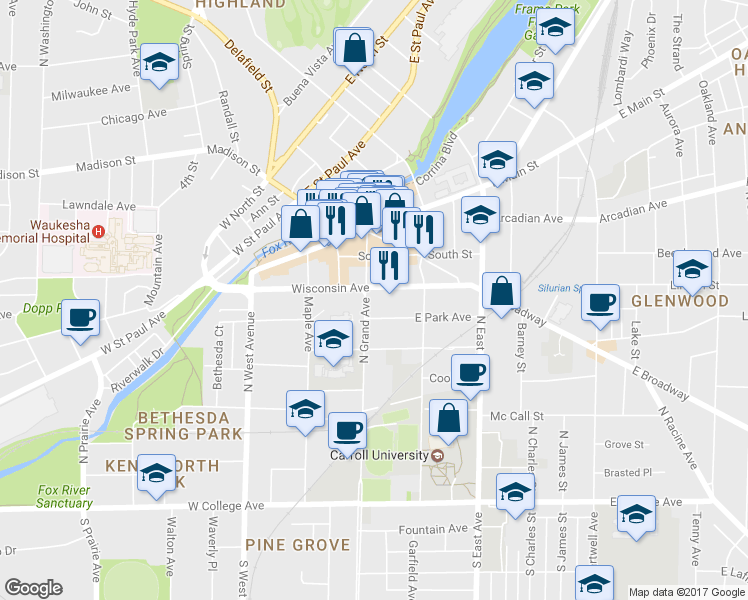 map of restaurants, bars, coffee shops, grocery stores, and more near 247 Wisconsin Avenue in Waukesha