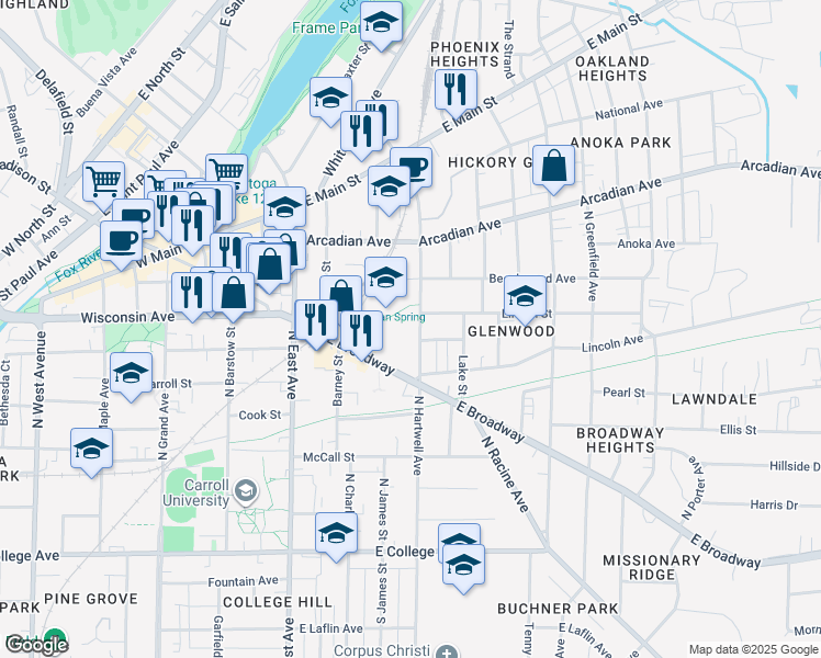 map of restaurants, bars, coffee shops, grocery stores, and more near 606 North Hartwell Avenue in Waukesha