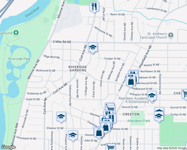 map of restaurants, bars, coffee shops, grocery stores, and more near 521 Sligh Boulevard Northeast in Grand Rapids