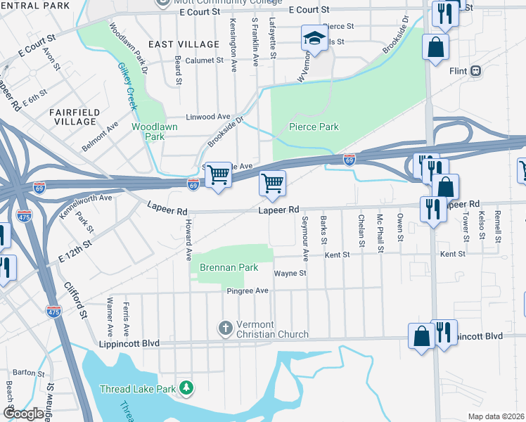 map of restaurants, bars, coffee shops, grocery stores, and more near 2351 Lapeer Road in Flint