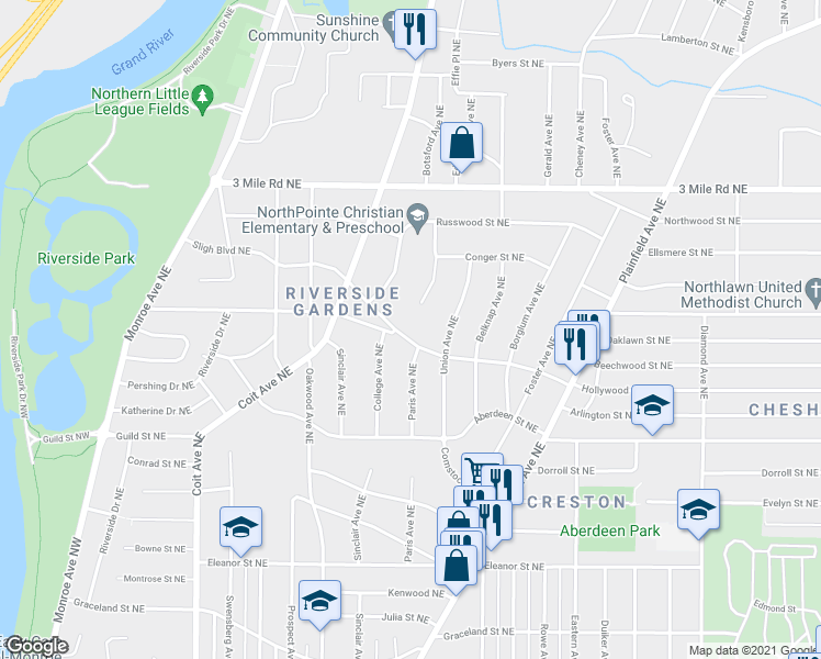 map of restaurants, bars, coffee shops, grocery stores, and more near 521 Sligh Blvd NE in Grand Rapids