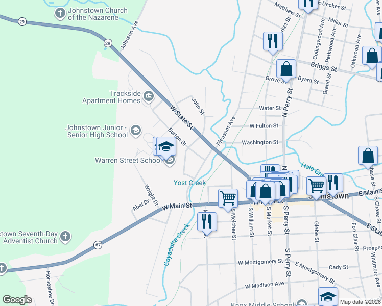 map of restaurants, bars, coffee shops, grocery stores, and more near 14 Burton Street in Johnstown