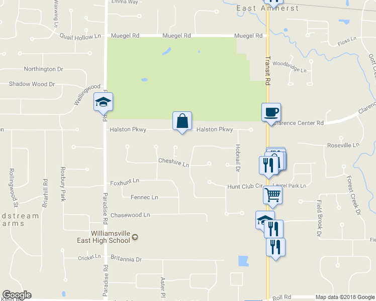 map of restaurants, bars, coffee shops, grocery stores, and more near 36 Valley Brook Lane in East Amherst