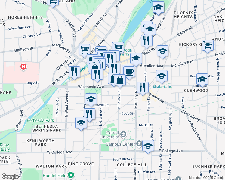 map of restaurants, bars, coffee shops, grocery stores, and more near 223 Wisconsin Avenue in Waukesha