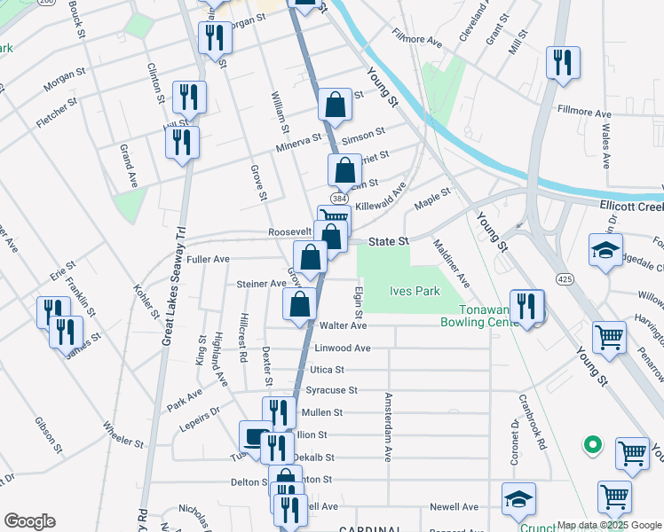 map of restaurants, bars, coffee shops, grocery stores, and more near 363 Delaware Street in Tonawanda