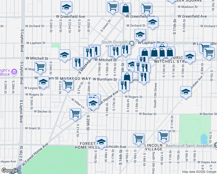 map of restaurants, bars, coffee shops, grocery stores, and more near 1940 South Winona Lane in Milwaukee
