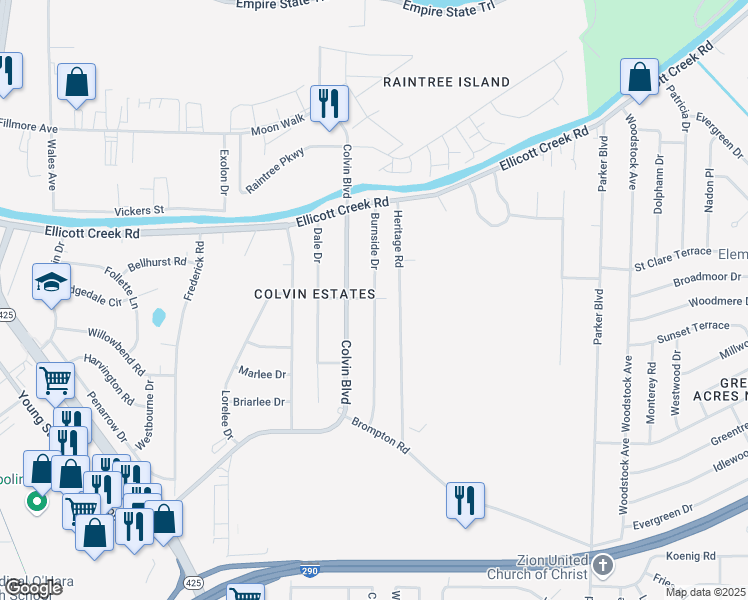 map of restaurants, bars, coffee shops, grocery stores, and more near 144 Burnside Drive in Tonawanda