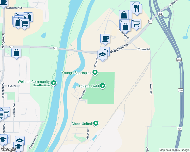 map of restaurants, bars, coffee shops, grocery stores, and more near 570 River Road in Welland