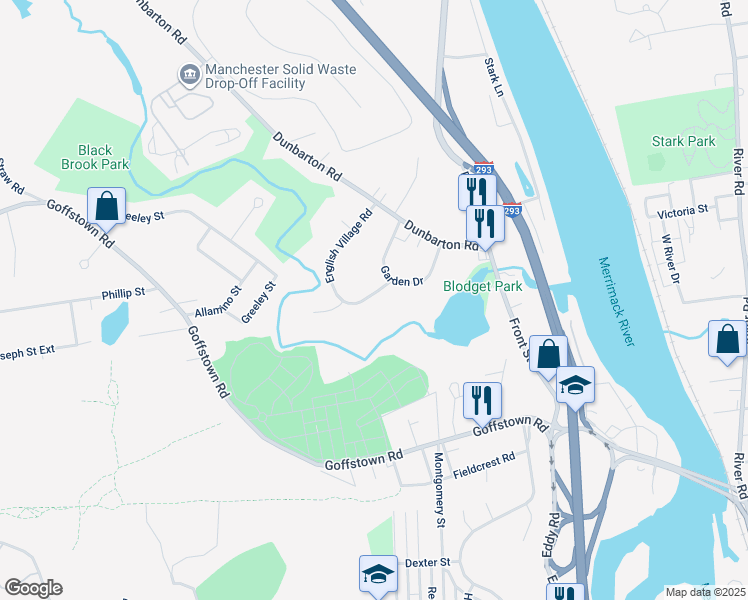 map of restaurants, bars, coffee shops, grocery stores, and more near 141 English Village Road in Manchester
