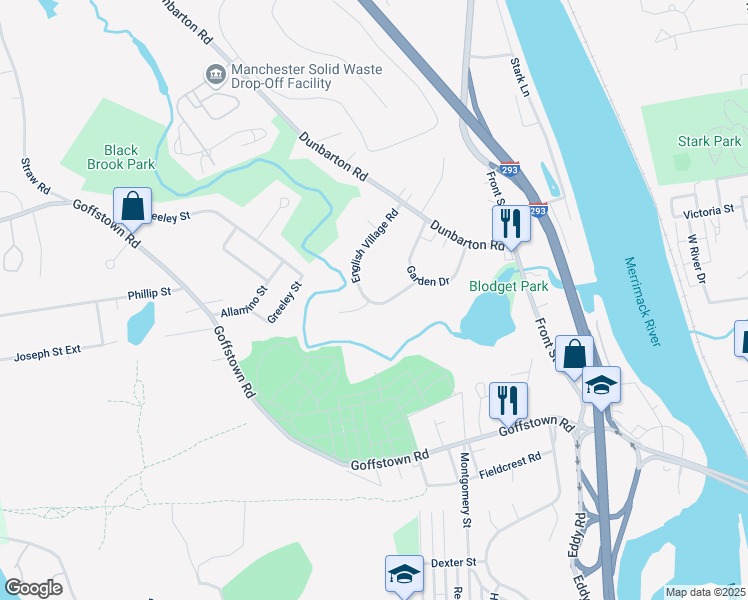 map of restaurants, bars, coffee shops, grocery stores, and more near 111 English Village Road in Manchester