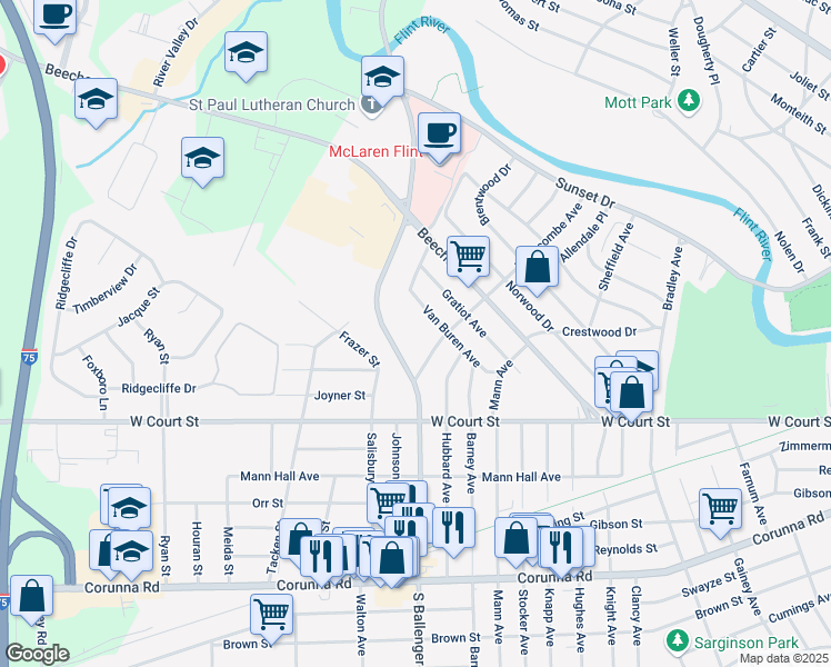 map of restaurants, bars, coffee shops, grocery stores, and more near 3701 Van Buren Avenue in Flint