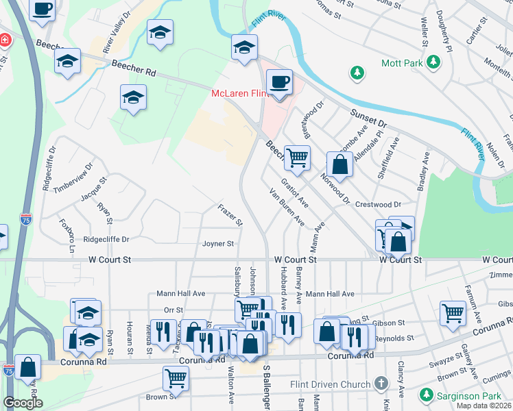 map of restaurants, bars, coffee shops, grocery stores, and more near 3814 Fraser Street in Flint