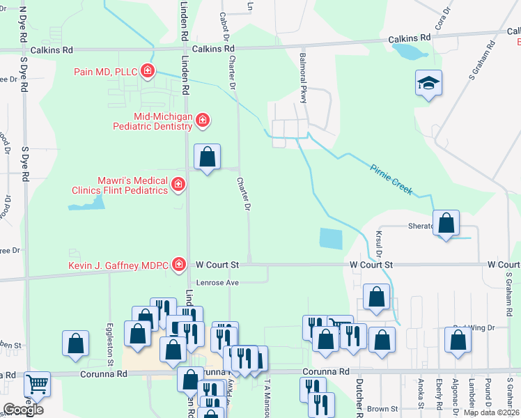 map of restaurants, bars, coffee shops, grocery stores, and more near Charter Drive in Flint