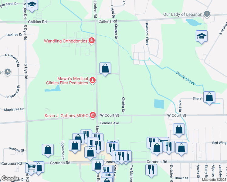 map of restaurants, bars, coffee shops, grocery stores, and more near 4444 West Court Street in Flint