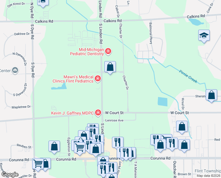 map of restaurants, bars, coffee shops, grocery stores, and more near 1289 South Linden Road in Flint